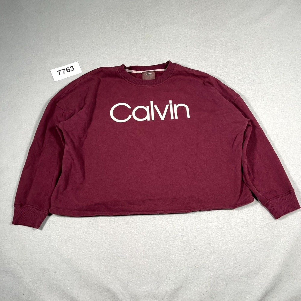 Calvin Klein Crop Sweatshirt Womens Large Maroon Cotton‎ Fleece Lined Crew Neck